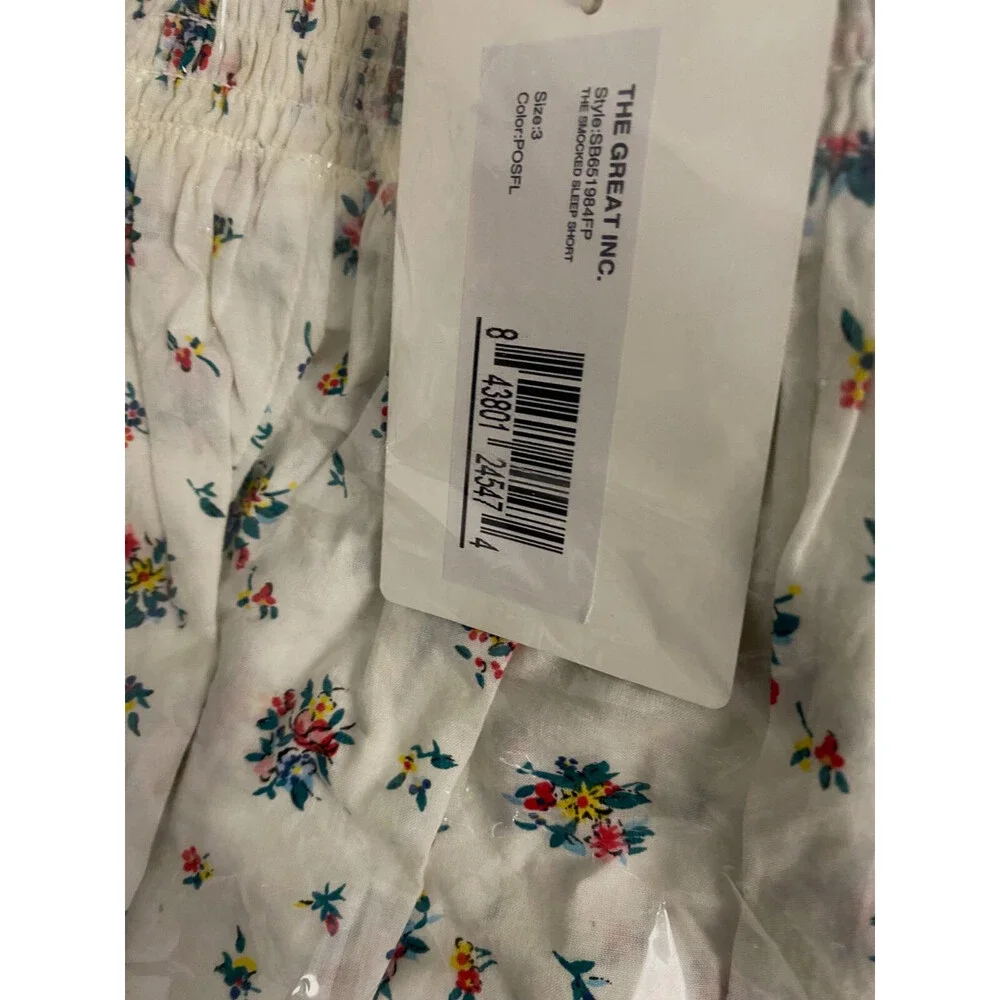 $135 THE GREAT. Women White Floral Sleep Shorts Smocked Sleepwear Size 3 / L-XL - Picture 3 of 3